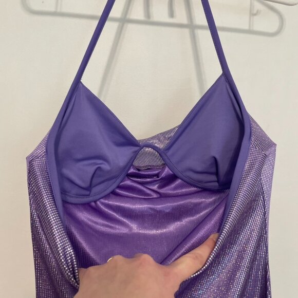 NEW NWT SHEIN SXY Backless Ruched Halter Bodycon Dress Purple Silver Iridescent - Picture 15 of 16